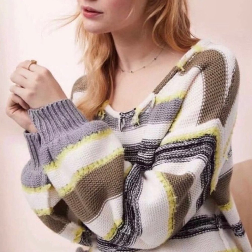 Lou & Grey Striped Fringe Chunky Crewneck Sweater | L